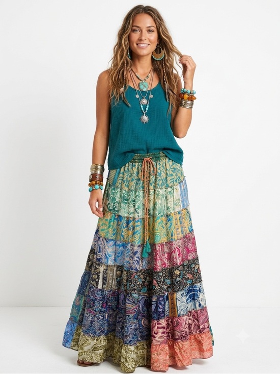 Dresses & Skirts - 13. Boho Patchwork Sari Silk Maxi Skirt Festival Hippie Gypsy One Size India